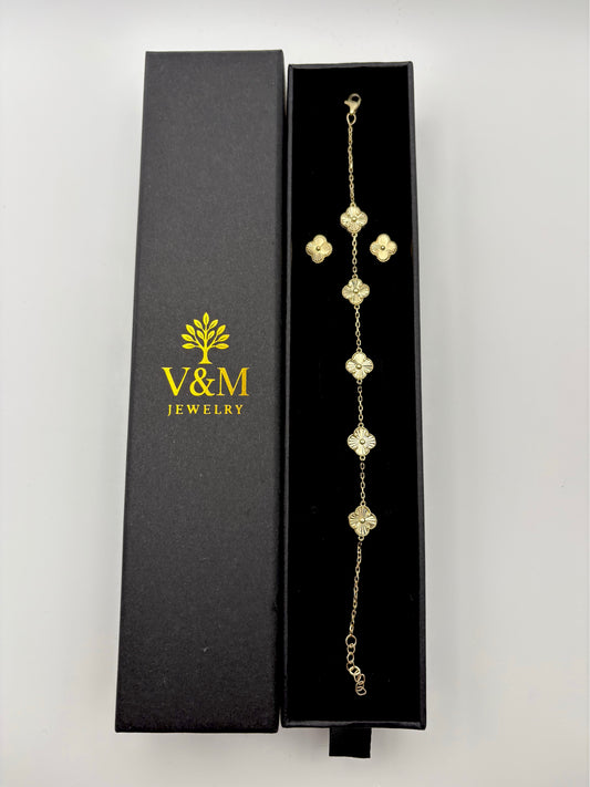 10k Five Flower Clover Set (Bracelet + Earring)